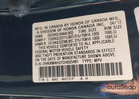 2012 Honda Cr-V Lx from USA, damaged, VIN 2HKRM4H37CH605481